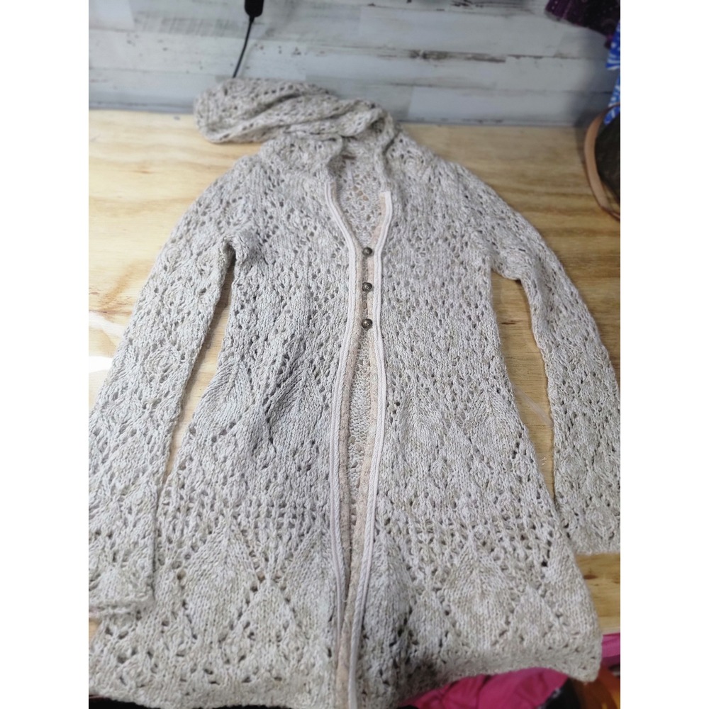 ♡Free People Womens Beige Pointelle‎ Knit Hooded Cardigan Long Sweater XS